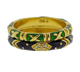Hidalgo 18k Gold Diamond Enamel Ring Set of 2