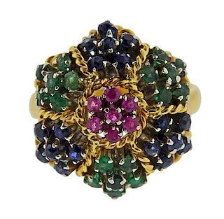 18k Gold Ruby Sapphire Emerald Cluster Ring 