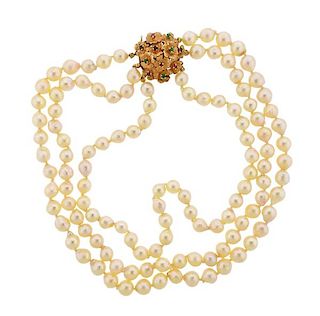 1960s 14k Gold Pearl Gemstone Necklace 