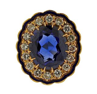 14k Gold Diamond Blue Stone Enamel Ring 