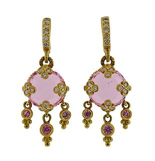 18k Gold Diamond Pink Gemstone Earrings 