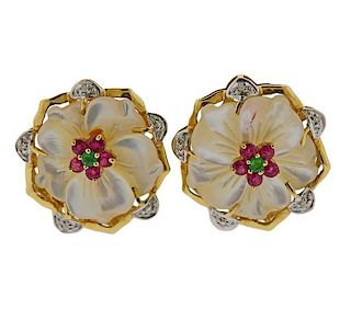14k Gold Diamond MOP Ruby Emerald Flower Earrings 