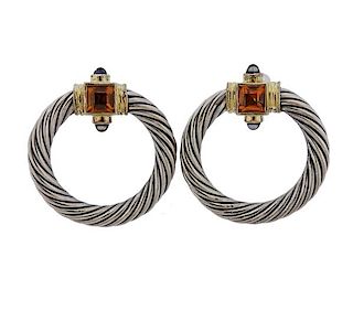 David Yurman 14k Gold Silver Citrine Iolite Cable Earrings 