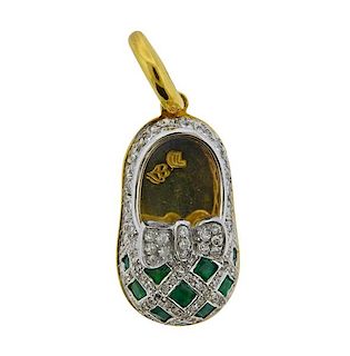 Aaron Basha 18k Gold Diamond Emerald Baby Shoe Charm 