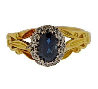 English 18k Gold Diamond Sapphire Ring 