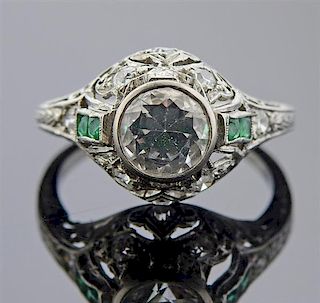 Art Deco Platinum Diamond Emerald Engagement Ring Setting 