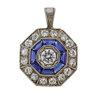 Art Deco 14K Gold Diamond Blue Stone Pendant