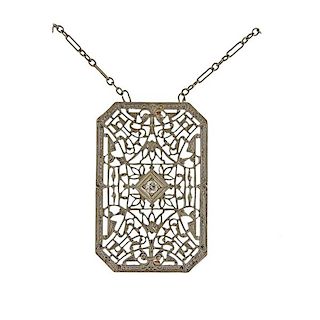Art Deco 14K Gold Diamond Filigree Pendant Necklace