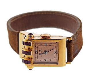 Retro Cord Fab Suisse 14k Gold Ruby Watch 