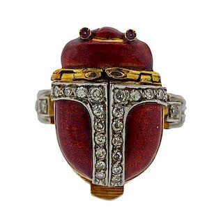Antique 18k Gold Diamond Enamel Scarab Jupiter Watch Ring 