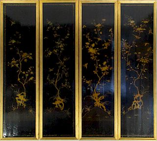 A Large Four Panel Chinoiserie Lacquered Screen.