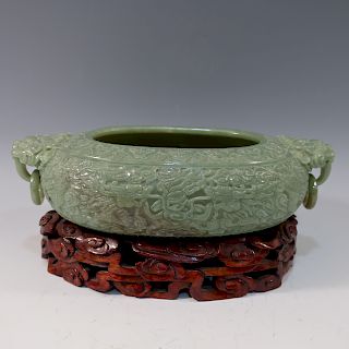 CHINESE ANTIQUE CARVED CELADON JADE BOWL - 18/19TH CENTURY