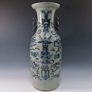 LARGE CHINESE ANTIQUE BLUE WHITE CELADON VASE - 19TH CENTURY