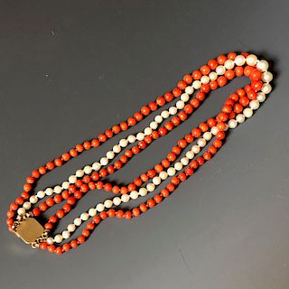 CHINESE RED CORAL AND PEAL NECKLACE