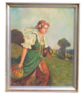 1936 Signed Painting of Woman with Basket