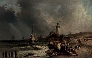 School of Hermanus Koekkoek Jr. (Dutch, 1836-1909)  Coastal Scene with Lighthouse and Beached Vessel
