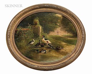 Carl Jutz (German, 1838-1916)  Two Genre Scenes: Ducks and Ducklings by a Barnyard Water Trough