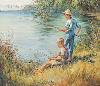 John Falter (American, 1910-1982)  Two Boys Fishing
