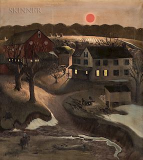 John Falter (American, 1910-1982)  Nighttime Farm Landscape