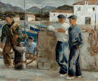 Ramiro Arrue (Spanish, 1892-1971)  Sketch of Basque Fishermen on the Docks