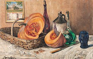 Richard Hayley Lever (American, 1876-1958)  Still Life with Pumpkin and Bottle