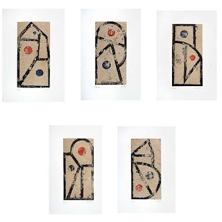 VICENTE ROJO, Juego de letras ("Letter Play"), Signed, Sugar lift and aquatint P / T 1 / 3, 9.4 x 4.7” (24 x 12 cm) each, Pieces: 5.