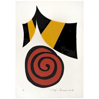 KOJIN TONEYAMA, Espiral roja y mariposa negra y amarilla (“Red spiral & Black & Yellow Butterfly”), 27.5 x 19.6” (70 x 50 cm)