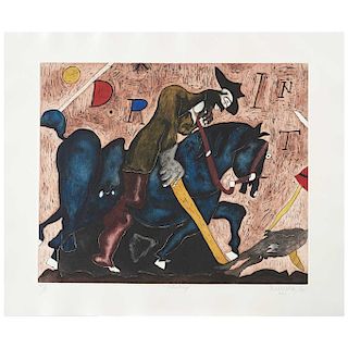 JAVIER ARÉVALO, Caballazo (“Horse Collision”), Signed 6 dated Mex 95, Etching 84 / 100, 19.2 x 24.4” (49 x 62 cm)