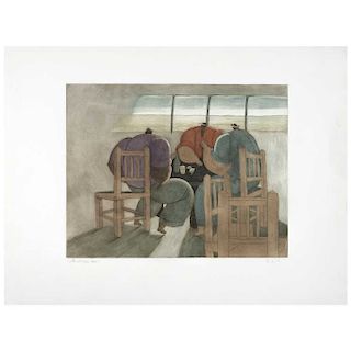 ANTONIO LÓPEZ SÁENZ, Hombres y sillas (“Men and Chairs”), Signed Aquatint engraving B.A.T, 14.5 x 18.5” (37 x 47 cm)