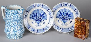 Two Delft blue and white plates, etc.