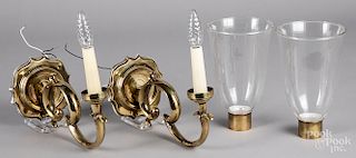 Pair of Ball & Ball brass sconces, with globes