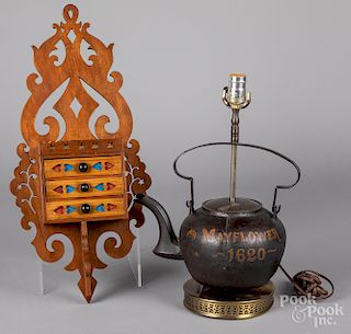 Cast iron kettle, together with a pine wall box
