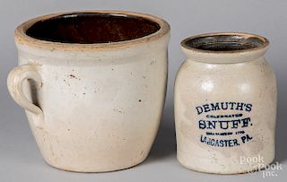 Demuth's Snuff stoneware crock and another crock