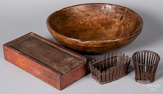 Turned wood bowl, two baskets and a slide box