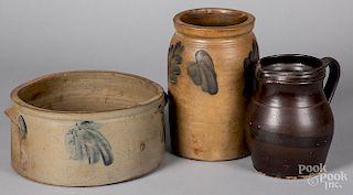 Two Pennsylvania stoneware crocks and a pitcher