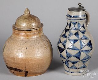 Large stoneware lidded pot and a German flagon