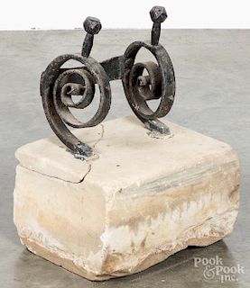 Wrought iron bootscrape, with marble base