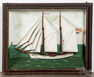 Large carved and painted ship diorama