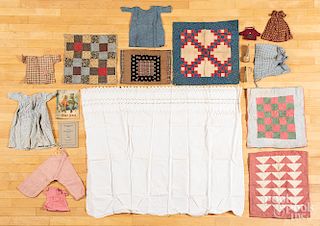 Group of doll clothes, quilts, etc.