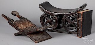 African carved wood seat, etc.