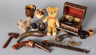 Teddy bear, miniature redware, etc.