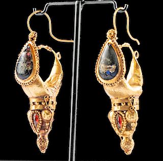 Parthian / East Roman 18K+ Gold & Garnet Earrings (pr)