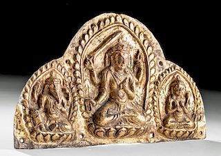 Rare 16th C. Nepalese Gilt Copper Plaque w/ Deities