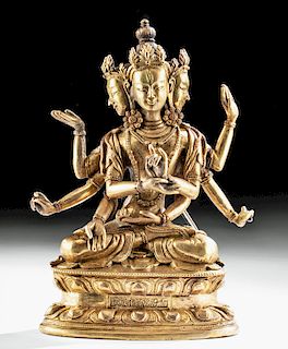 Sealed Chinese Qing Gilt Brass Statue of Ushnishavijaya
