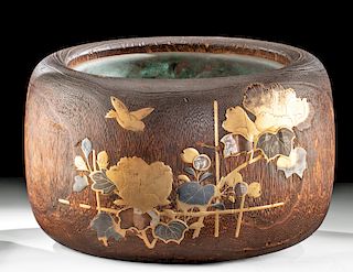 Japanese Taisho Inlaid Wood & Copper Hibachi