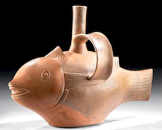 Realistic Inca Pottery Stirrup Vessel, Fish Form