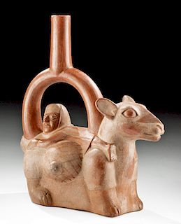 Moche Pottery Stirrup Vessel with Drunk Man on Llama