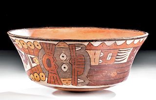 Huge Nazca Polychrome Bowl w/ 2 Masked Mythical Beings