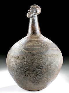 20th C. African Luba Brownware Jar w/ Figurative Spout