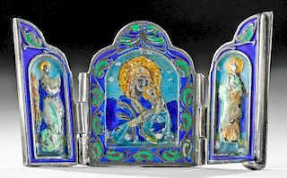19th C. Russian Enameled Silver Icon - Madonna - 60.8 g